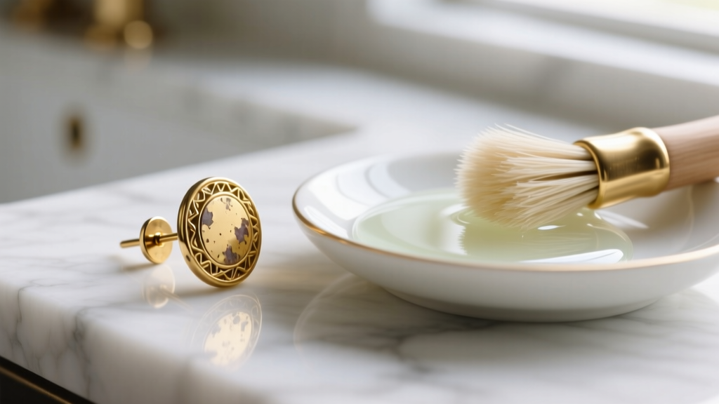Macro shot of a tarnished gold vermeil earring post beside a small dish of mild soap and a soft brush on a white marble countertop.