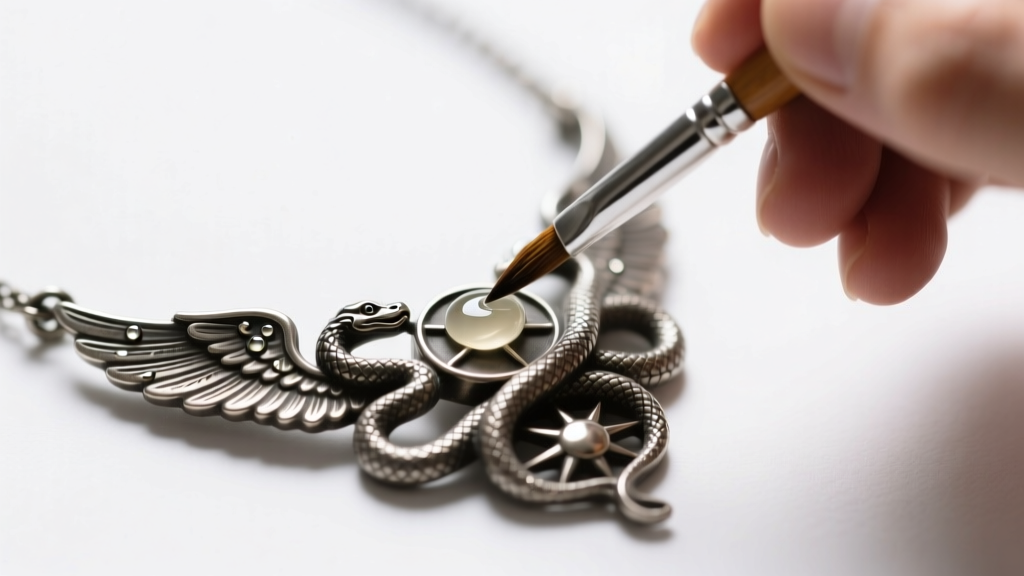 Brush applying clear protective sealant to a cast pewter effigy necklace, preventing skin discoloration and metal tarnishing