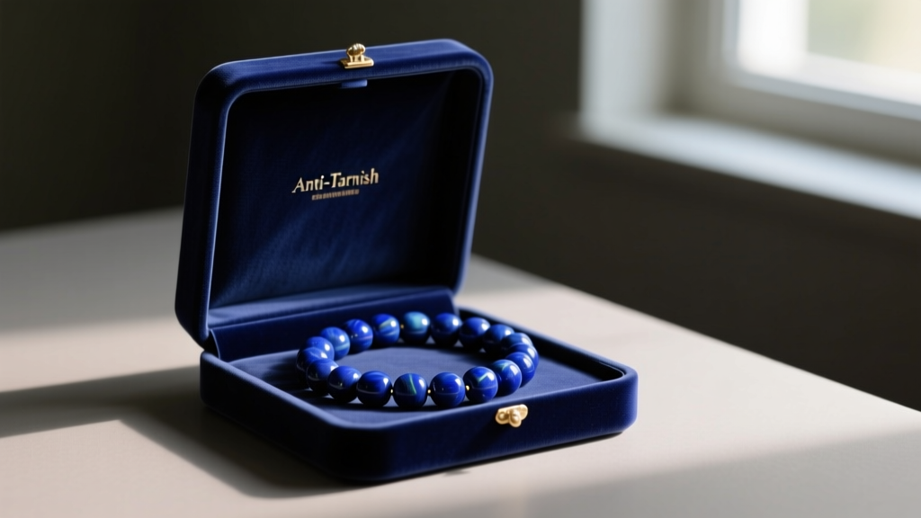 Open anti-tarnish velvet jewelry box holding a coiled lapis bead necklace, stored away from direct sunlight in a dimly lit room.