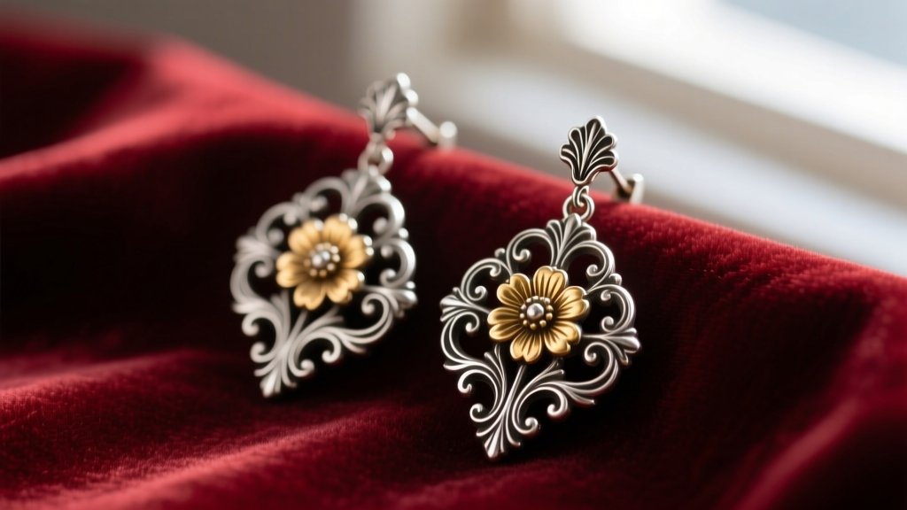 Close-up of Victorian vintage silver earrings on velvet, showing repoussé floral motifs and dark patina in deep crevices.