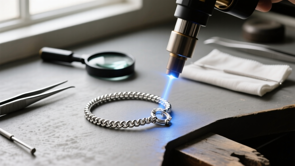 Jeweler workbench showing a laser welder repairing a broken 20-gauge jump ring on a platinum necklace spring ring clasp assembly.