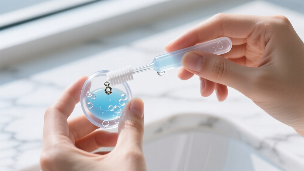 Close-up of hands using a soft-bristled interdental brush and soapy water to gently scrub a small clear silicone earring clutch