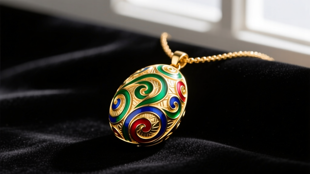 Vintage Joan Rivers gold-plated egg pendant necklace on black velvet, showing intricate faux-guilloché enamel details