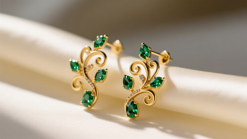 Close-up of delicate 14k yellow gold vine earrings with tiny emerald leaves, resting on a cream silk fabric in soft morning light