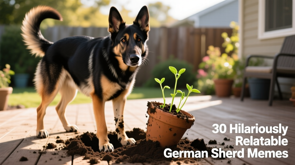 A German Shepherd proudly standing beside a freshly dug-up potted plant, dirt on nose, tail wagging triumphantly