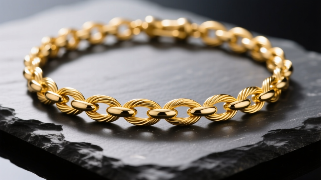 Macro photography of a polished 14k yellow gold cable necklace chain draped over dark slate, highlighting uniform oval links