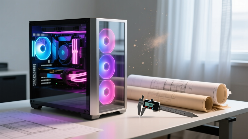 Custom PC tower with glass panel and RGB cooling on a drafting desk next to rolled architectural blueprints and a digital caliper