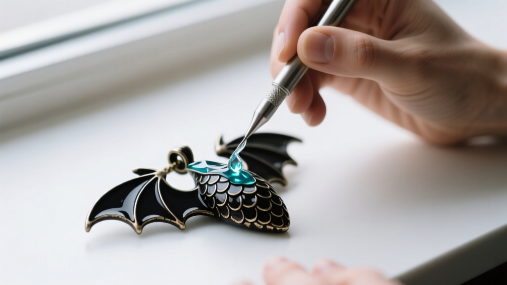 Jeweler applying clear epoxy resin to a faded black enamel Night Fury scale pendant using a fine-tipped metal applicator tool