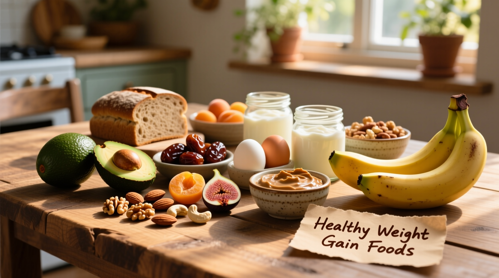 Healthy weight gain foods on wooden table