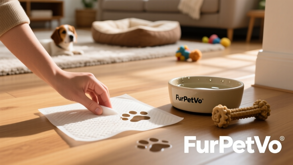 Close-up of a hand placing a FurPetVo potty pad on hardwood flooring next to a water bowl and chew toy