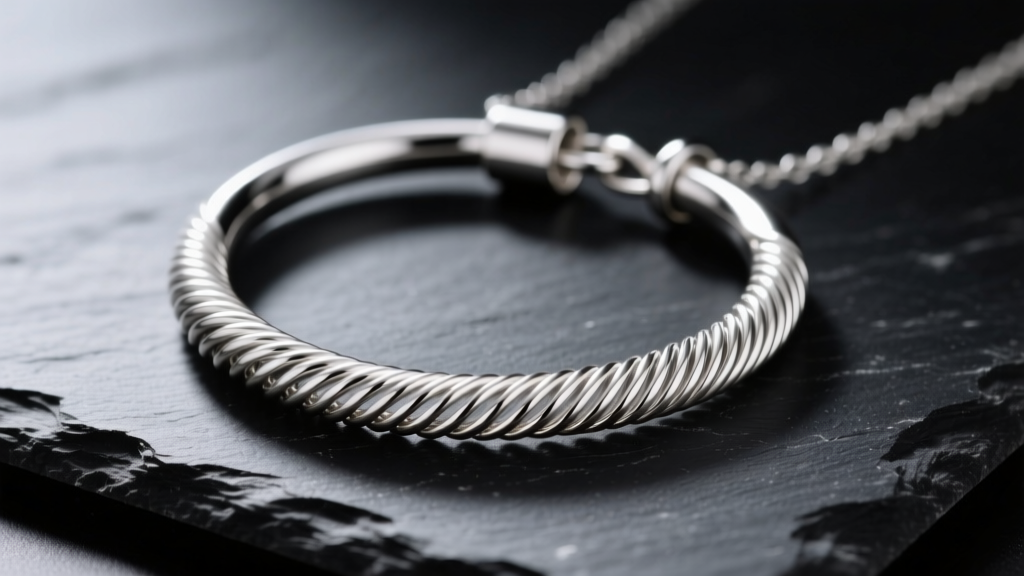 Sterling silver torc coil necklace on dark slate, highlighting the tight spiral wire structure and modern tension clasp detail.