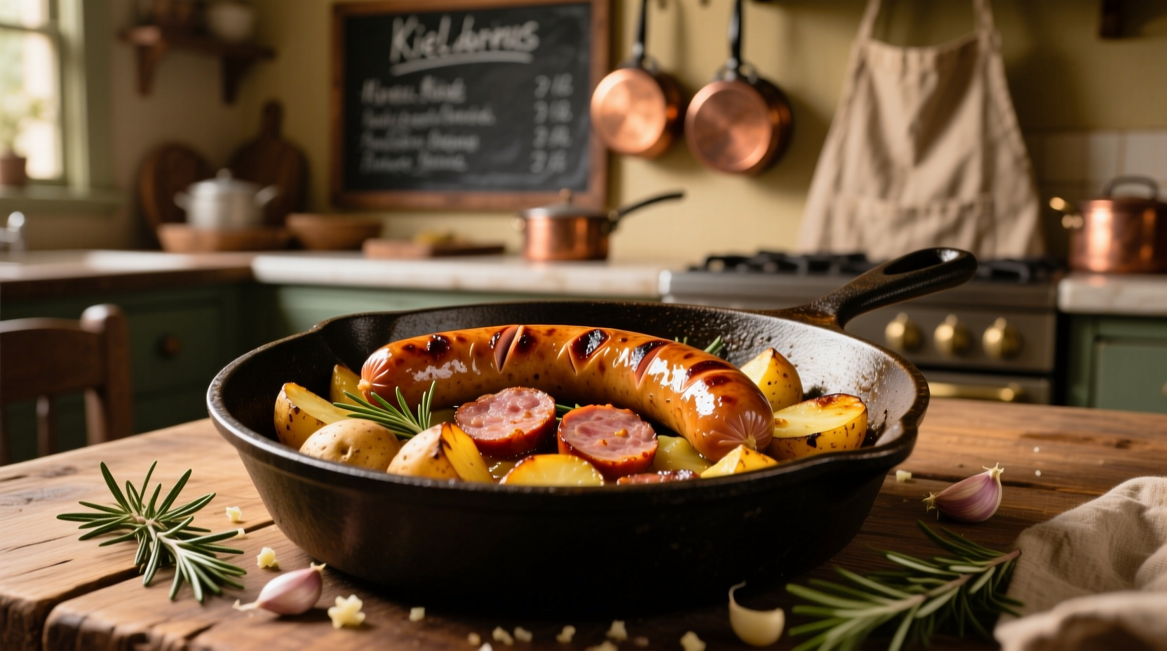 Golden brown potato kielbasa skillet in cast iron pan