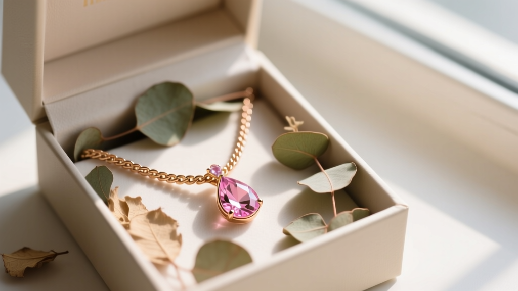Open gift box with a layered 14k rose gold rope chain and pear-shaped morganite pendant surrounded by dried eucalyptus leaves