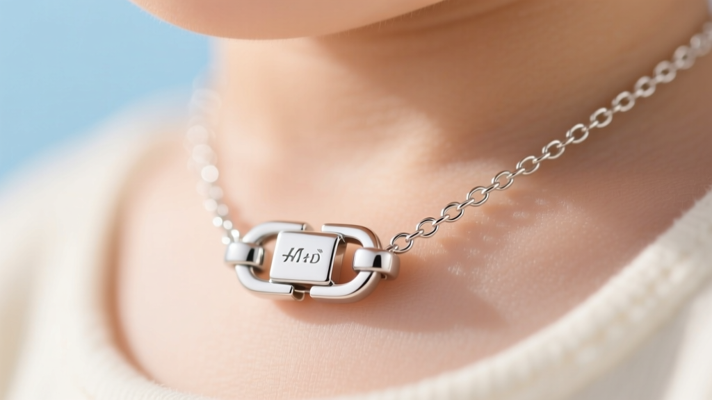Close-up of a specialized magnetic breakaway safety clasp on a thin sterling silver necklace designed for children