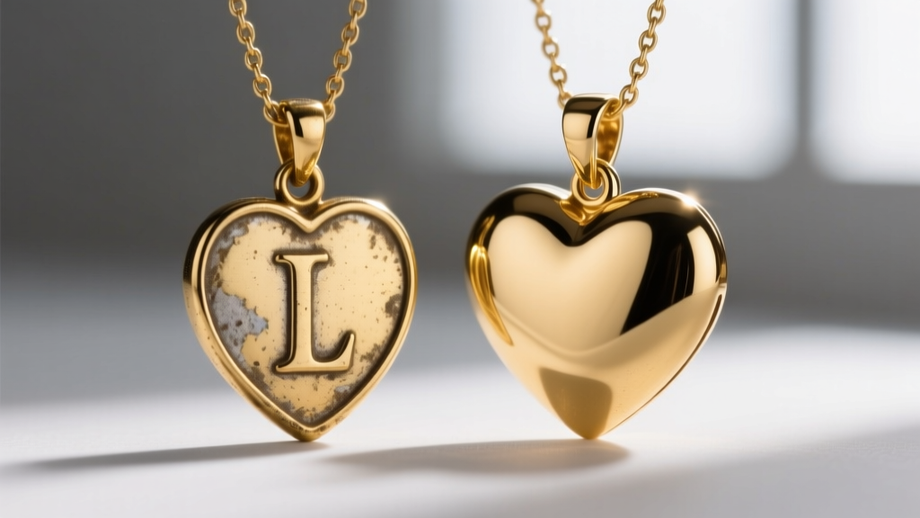 Macro shot of a faded gold-plated initial heart pendant beside a bright 18k gold vermeil heart pendant under soft studio lighting.