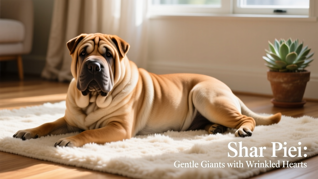 A healthy adult Shar Pei lying calmly on a soft rug, showcasing its relaxed posture and smooth, clean skin folds