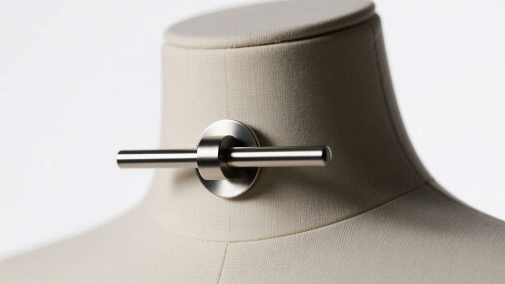 Minimalist 14-gauge titanium nipple shield with a sleek horizontal bar on a mannequin, lit by soft directional studio lighting