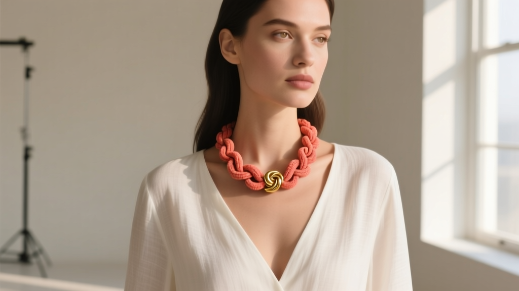 Woman wearing an 18-inch knotted sponge coral beads necklace with a gold clasp, styled with a deep V-neck white linen blouse.