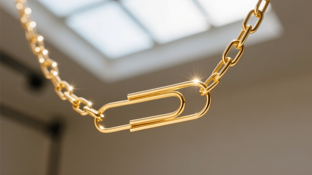 Macro shot of a 1mm 14k gold-filled micro-paperclip chain catching sunlight, highlighting its flat, ultra-thin link structure.