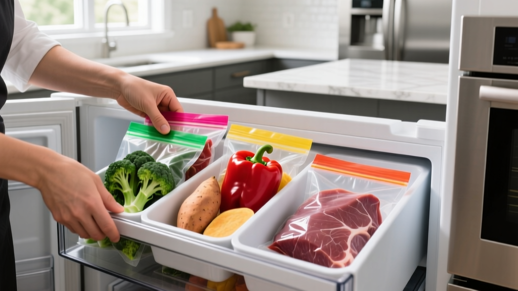 Home cook arranging vacuum-sealed bags of pre-portioned vegetables and lean proteins in a structured refrigerator organizer bin