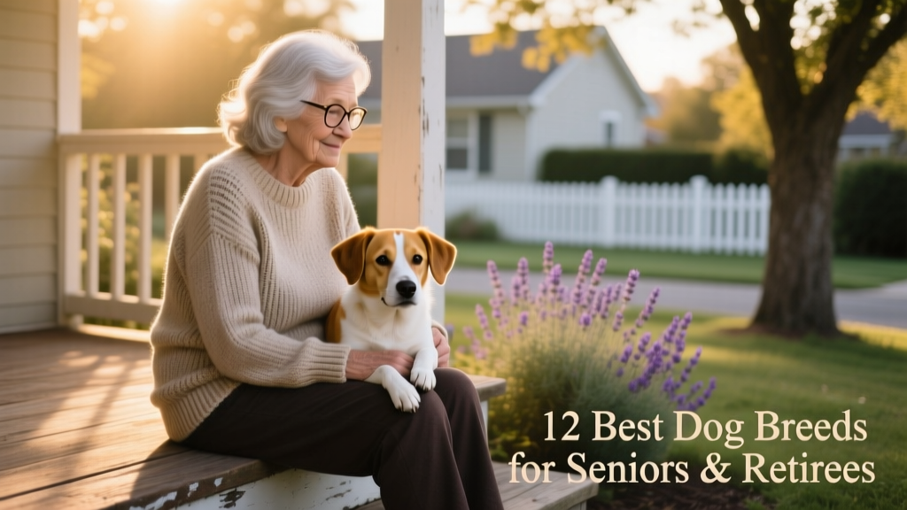 A gentle senior person sitting on a porch with a calm, small mixed-breed dog resting beside them
