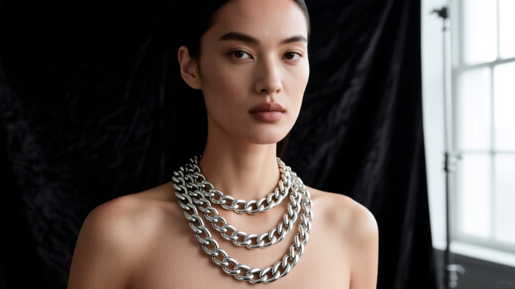 Close-up of a model wearing three layered chunky sterling silver Cuban link chains against a dark, moody studio background