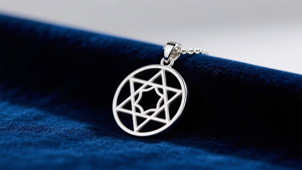 Sterling silver pendant with authentic sacred geometry resting on dark navy velvet, illuminated by soft, diffused studio lighting.