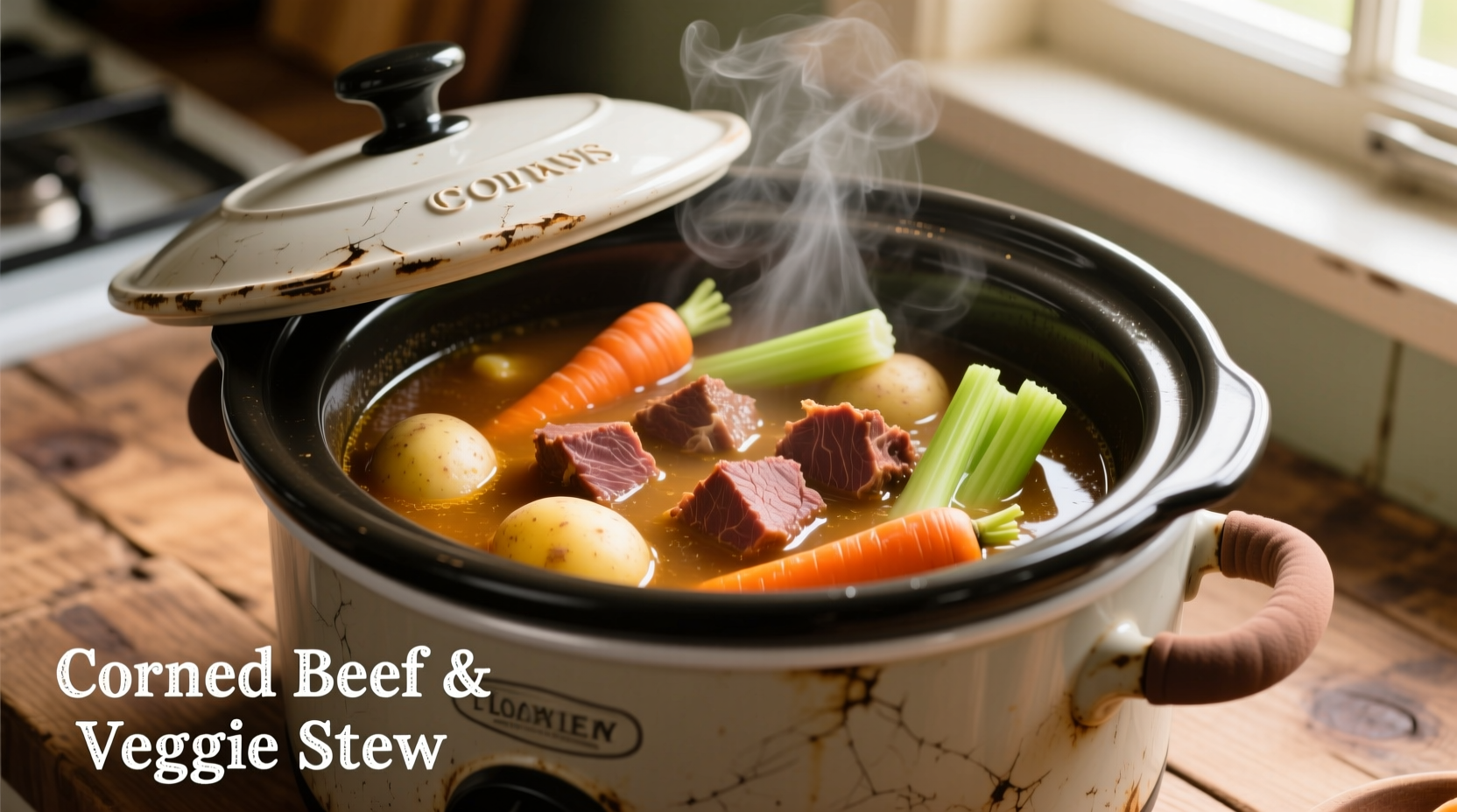 Slow cooker with corned beef and vegetables