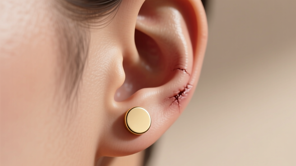 Profile view of healed earlobe wearing flat gold stud earring, showing the smooth disc sitting flush against skin without pressing.