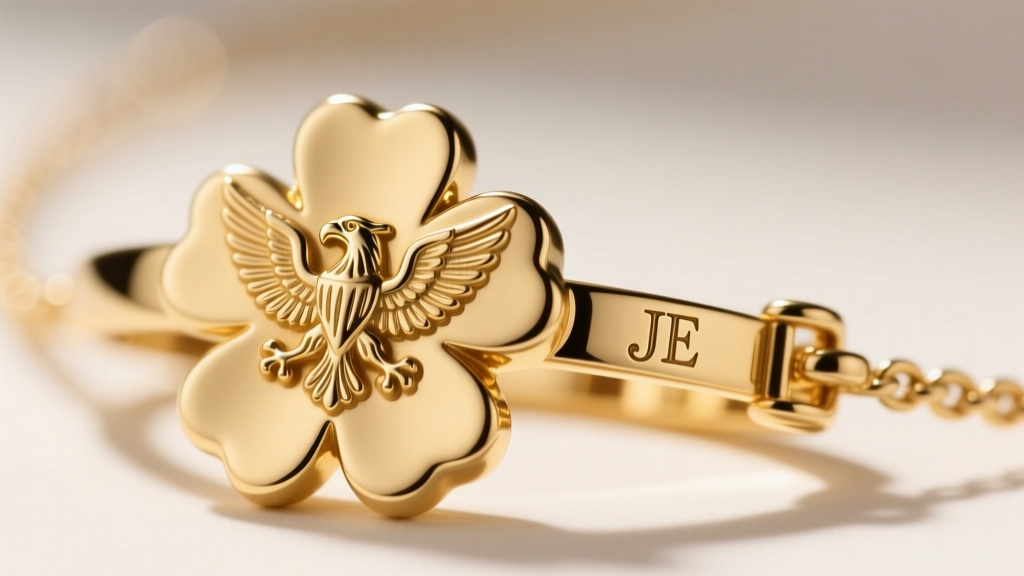 Macro view of a gold clover necklace clasp showing a crisp French eagle head hallmark and engraved JE serial number