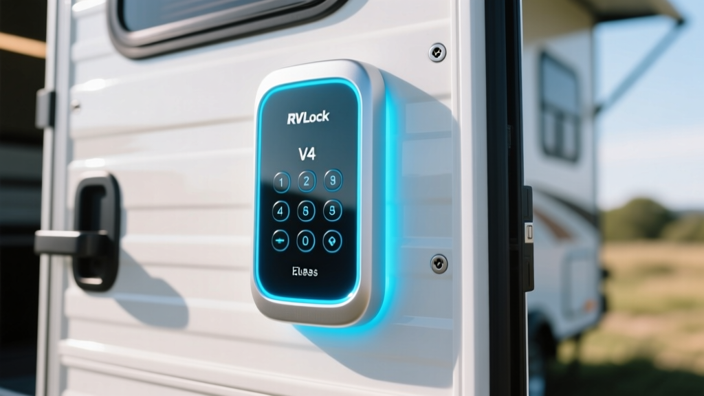 Closeup of RVLock V4 keyless entry keypad installed on white fiberglass travel trailer door with glowing blue backlight.