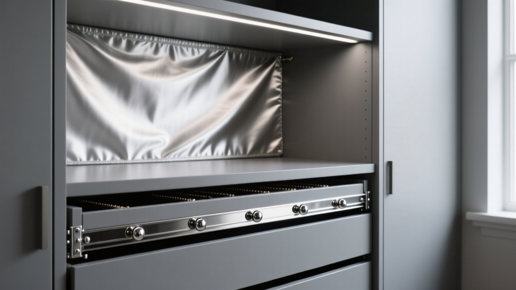 Interior of a gray jewelry armoire showing anti-tarnish silvercloth lining and heavy-duty steel ball-bearing drawer slides.