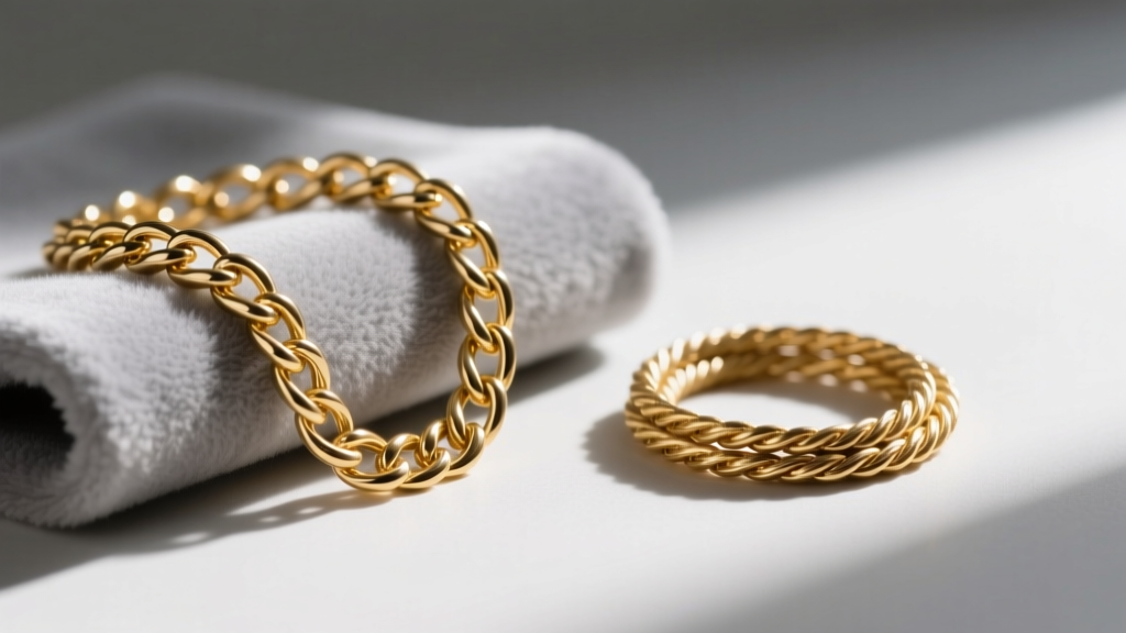 Tangled gold herringbone chain beside a neatly coiled 2mm rope chain resting on a soft grey microfiber jewelry polishing cloth.