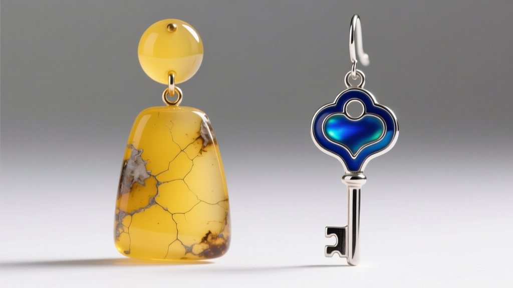 Side-by-side macro comparison of yellowed UV-damaged epoxy resin earring next to pristine vitreous enamel gothic key drop earring.
