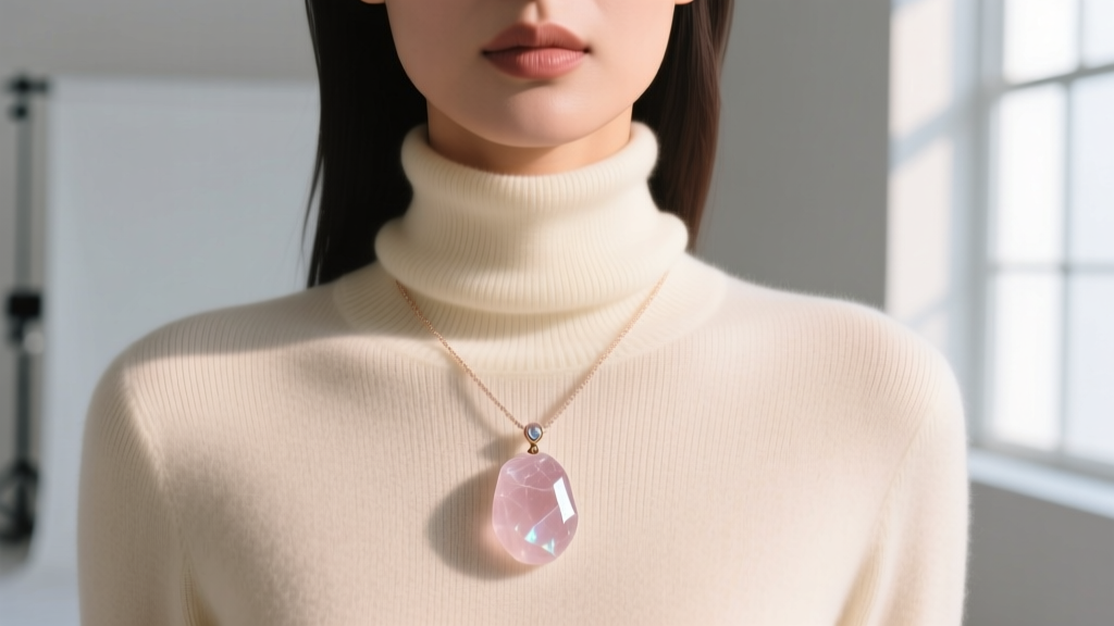 Editorial portrait of a woman wearing a layered rose quartz pendant over a cream cashmere turtleneck, highlighting the collarbone