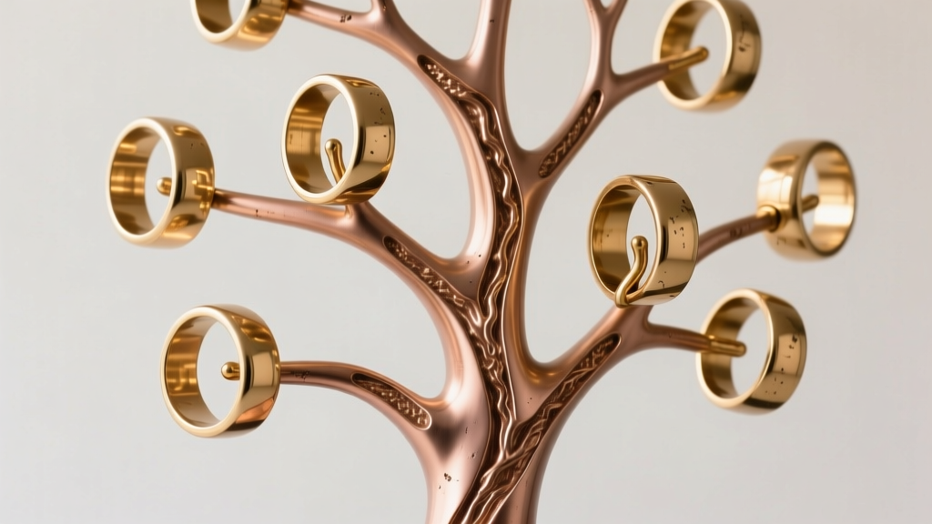 Side profile of a mid-century lost-wax casting tree featuring multiple 18k rose gold ring mounts with visible sprue connections.