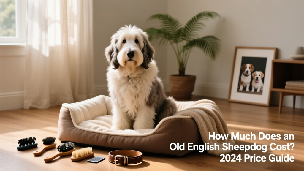 An adult Old English Sheepdog sitting calmly beside a cozy dog bed and grooming tools