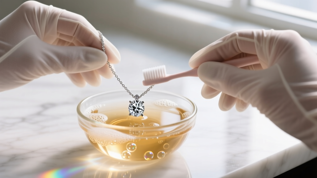 Gloved hands gently scrubbing a diamond pendant necklace with a baby-soft toothbrush inside a small glass bowl of warm soapy water