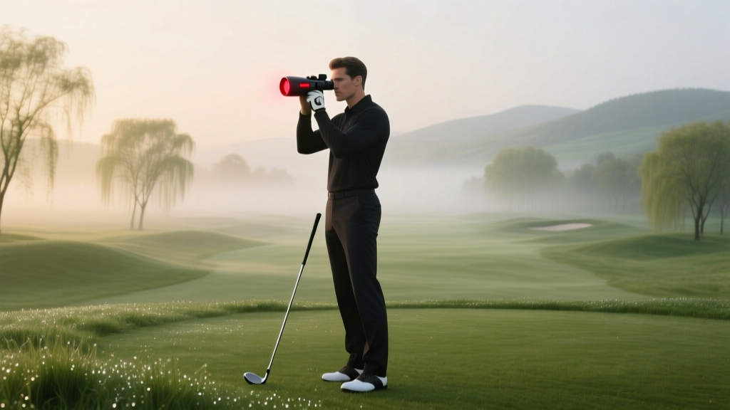 A golfer standing on a misty spring fairway, looking through a high-end laser rangefinder with a glowing red display.
