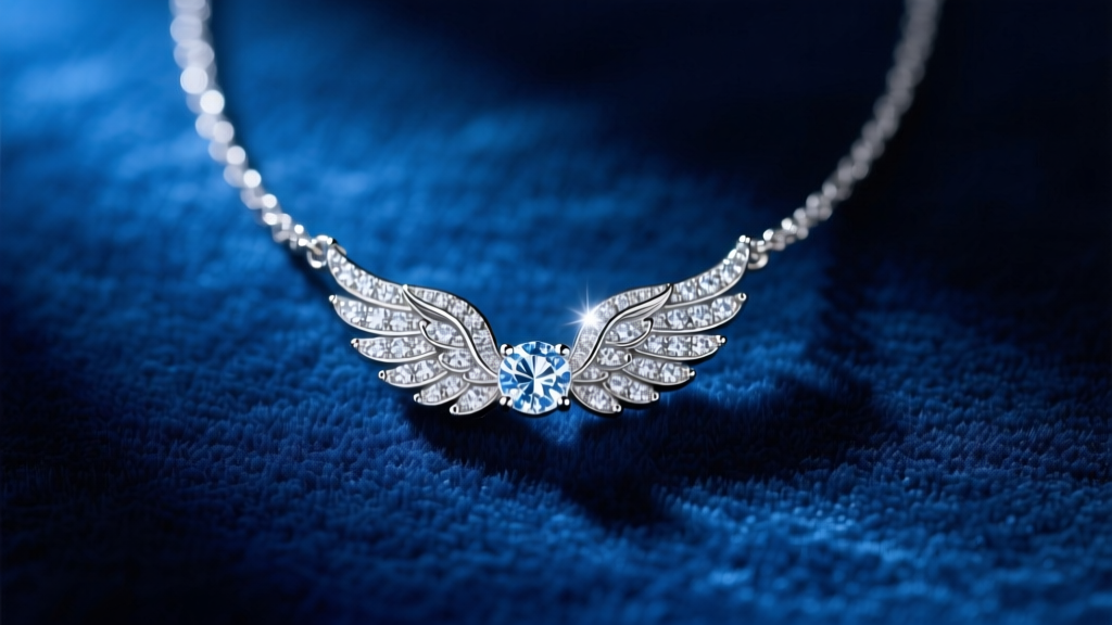 Close-up of an arctic angel necklace with a diamond-encrusted wing pendant on dark blue velvet under cool studio lighting.