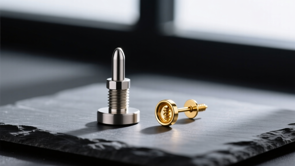 Product photo of internally threaded titanium flat-back labret and 14k gold screw-back earring resting on a dark slate surface.