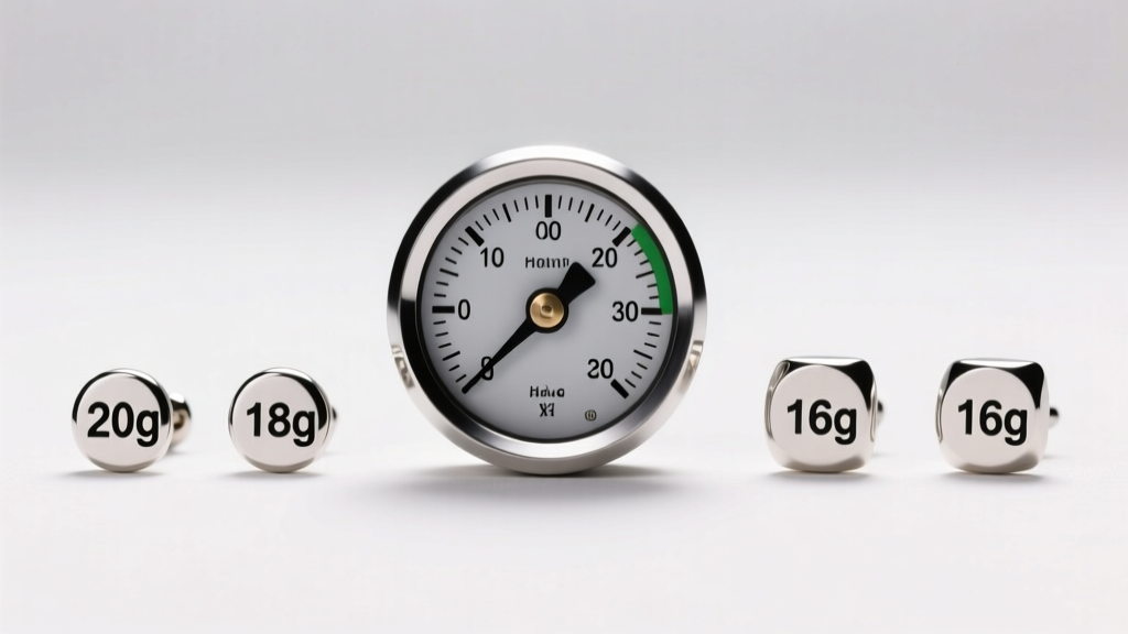 Metal gauge wheel beside three pairs of stud earrings in 20g, 18g, and 16g thicknesses, lit by bright and even studio lighting.