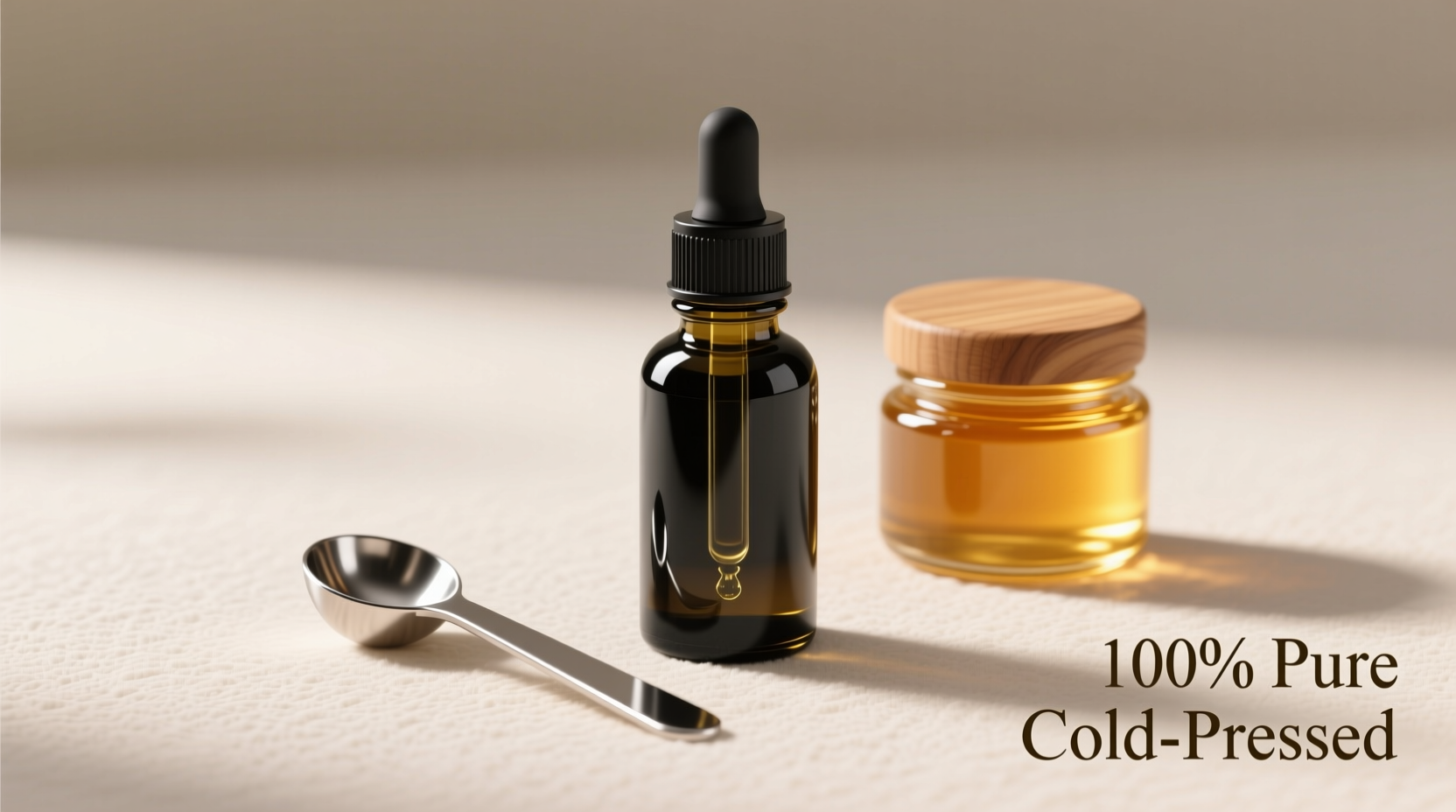 Black seed oil bottle with measuring spoon and honey