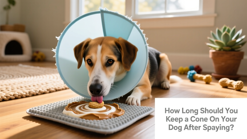 Dog calmly licking a treat-filled lick mat while wearing a soft fabric cone