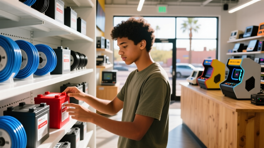 A local tech enthusiast browsing networking cables and UPS replacement batteries at a community gadget and gaming store in Arizona