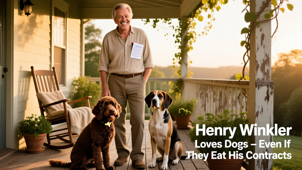 Henry Winkler smiling beside two dogs—a chocolate Labradoodle and a large mixed-breed—on a sunlit porch