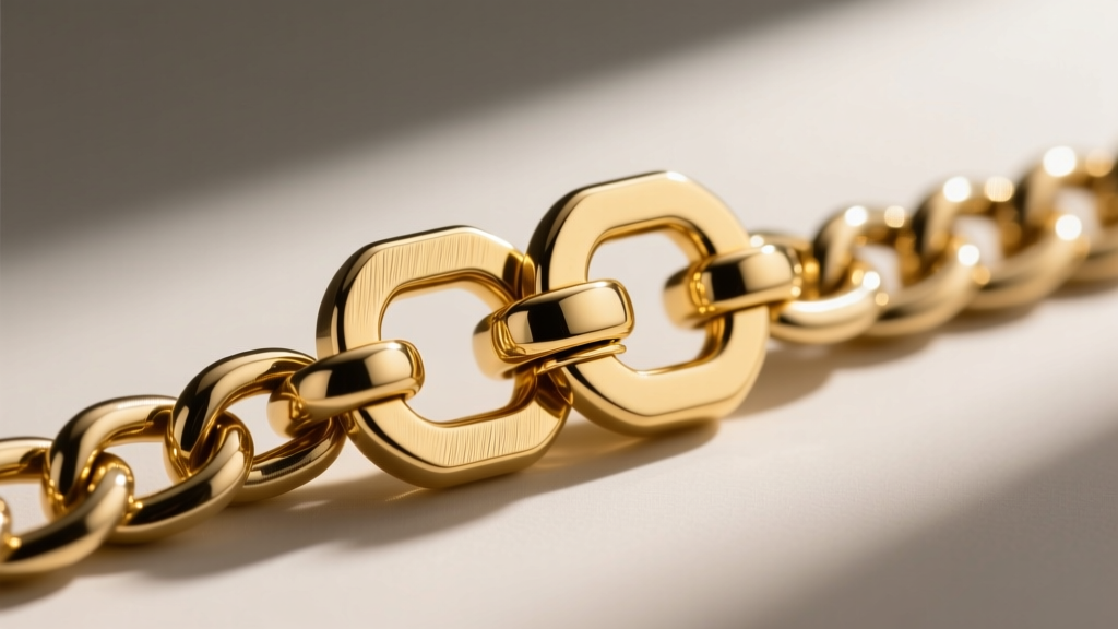 Detailed view of a heavy-duty 18k gold box clasp with a figure-eight safety latch connecting two thick curb chain links securely.
