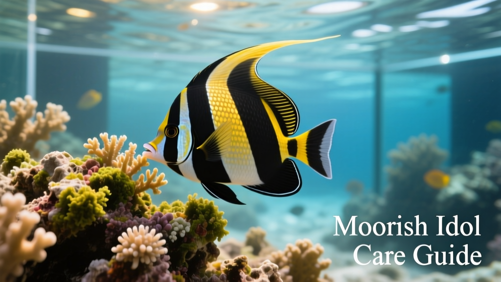 Close-up of a healthy Moorish idol grazing on live rock covered in coralline algae and micro-sponges
