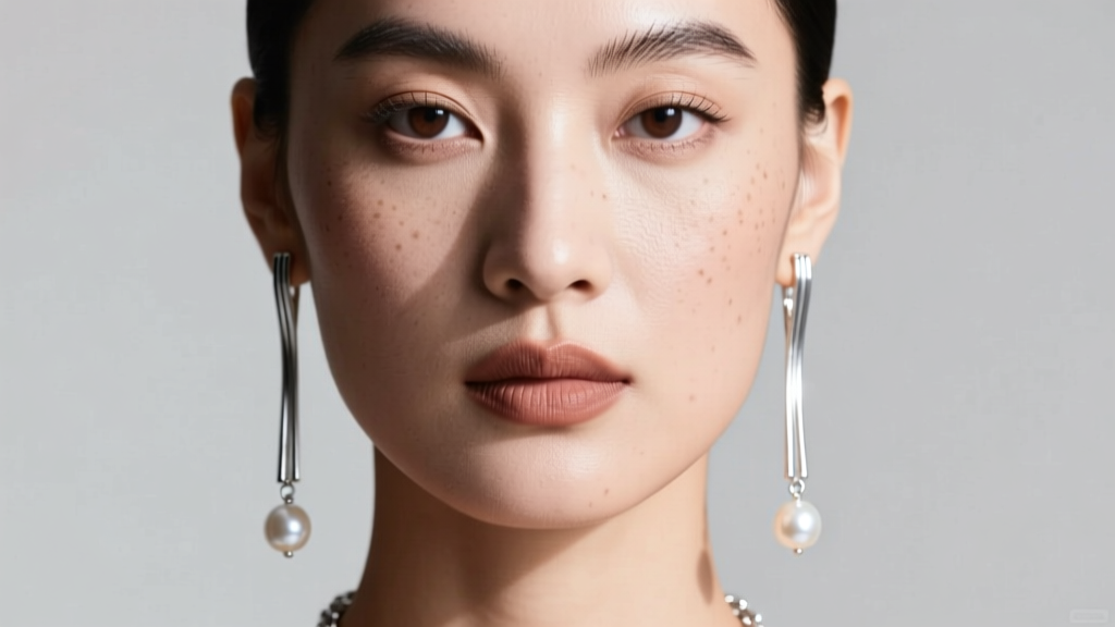 Profile of a model with a square jawline wearing long linear silver and pearl drop earrings that visually soften her facial angles.