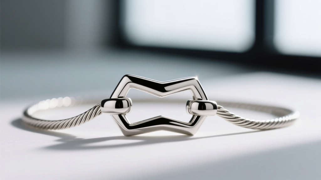Macro shot of sterling silver lobster clasp on a delicate cable chain, highly detailed metal texture, sharp studio focus.